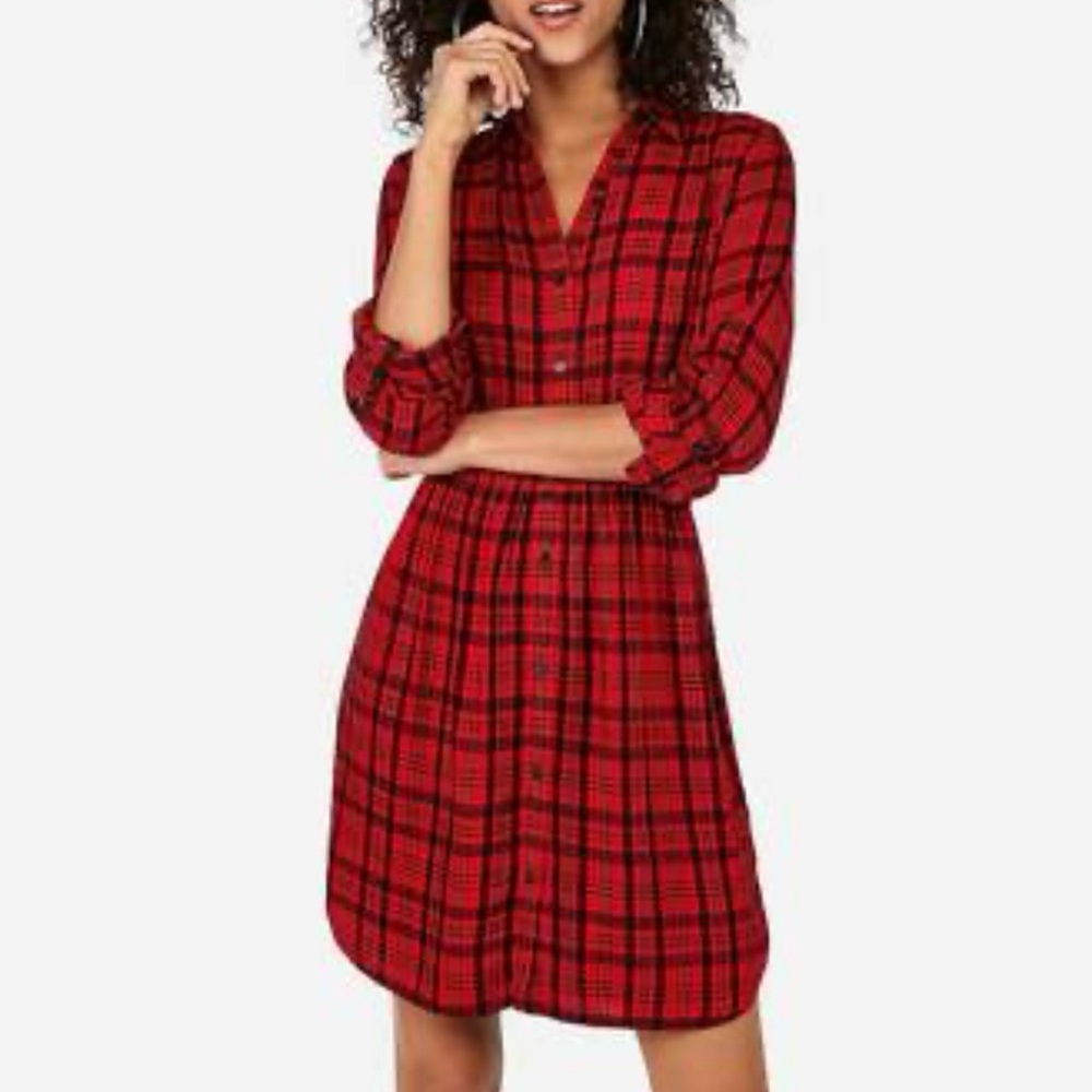 Express Red and Black Plaid Long Sleeve Dress
